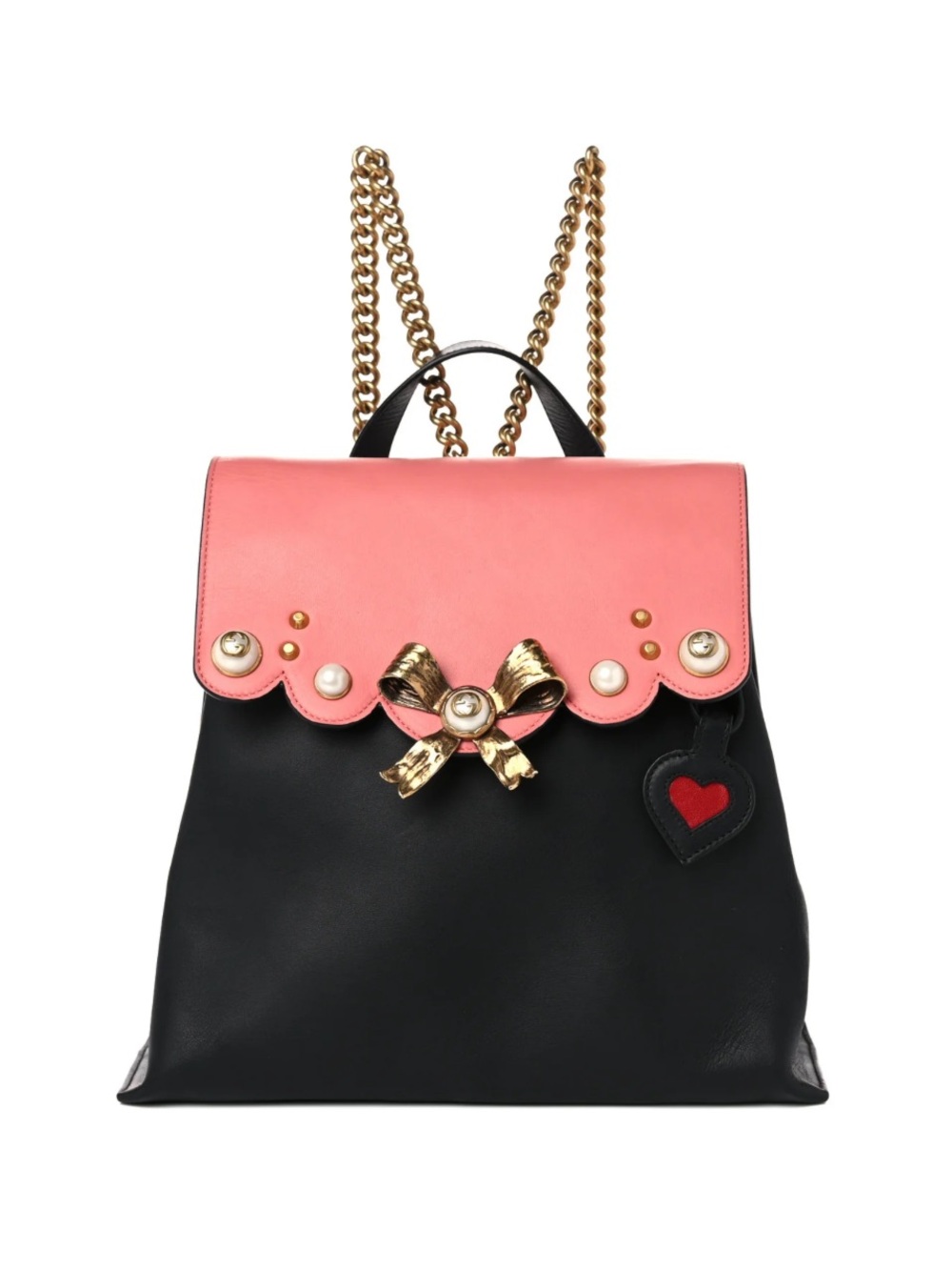 Gucci Black Backpack with Pink Peony Scalloped Flap & Gold Pearly Bow